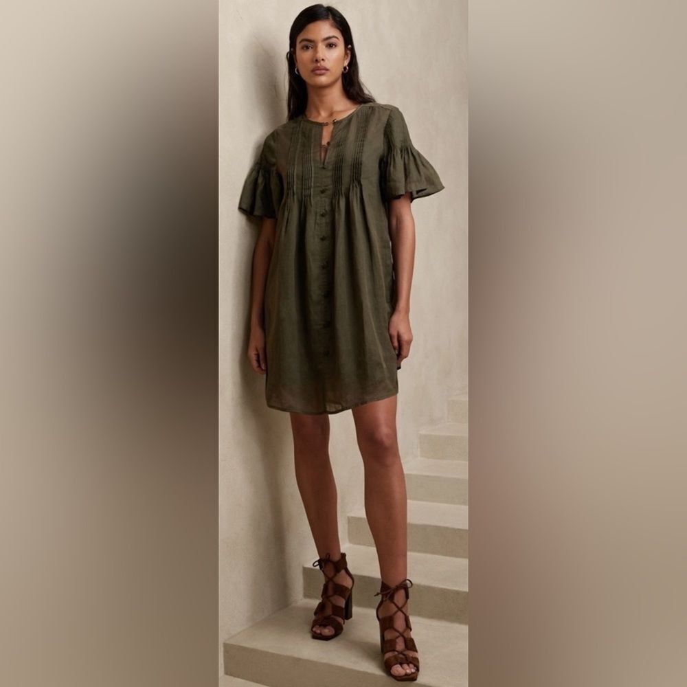 NWT Banana Republic Ramie Pintuck Dress Dark Olive Green / Size M